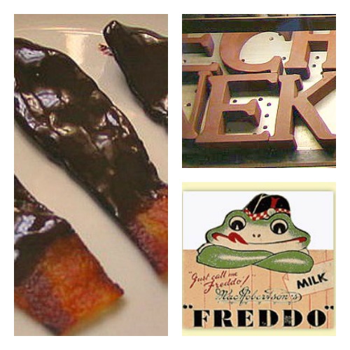 Chocolate covered bacon, chocolate letters and Freddo Frog.