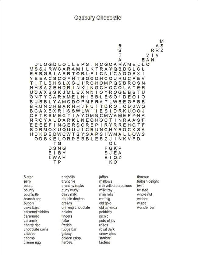 Cadbury chocolate word search in the shape of a shopping basket.