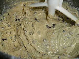 Chocolate chip banana bread batter ready to be poured into the loaf pan.