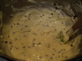 chocolate chip cheesecake batter ready for bakin