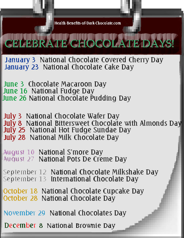 My calendar of chocolate days to celebrate compiled from The Food Days list on Wikipedia.