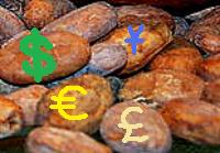 Chocolate money: cocoa beans with currency symbols on them.