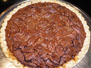 Chocolate pecan pie baked and ready to eat.