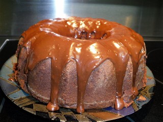 Chopcolate pound cake with chocolate glaze.