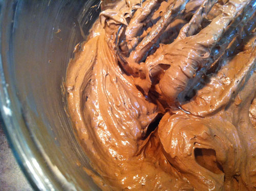 Fluffy chocolate, eggs and butter mixture for silk pie filling.