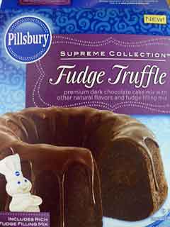 Box of Pillsbury Fudge Truffle cake mix.