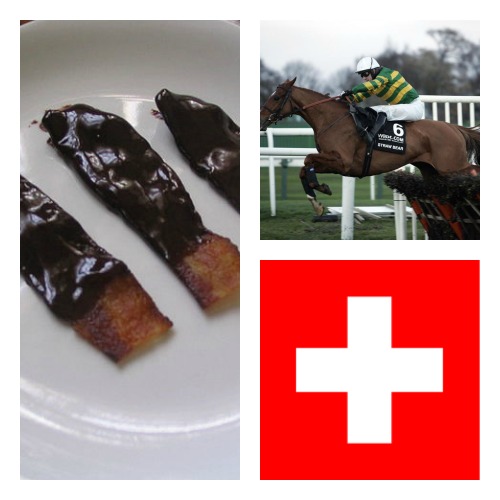Chocolate covered food item, flag of country that consumes the most and jockey who eats it to stay trim.