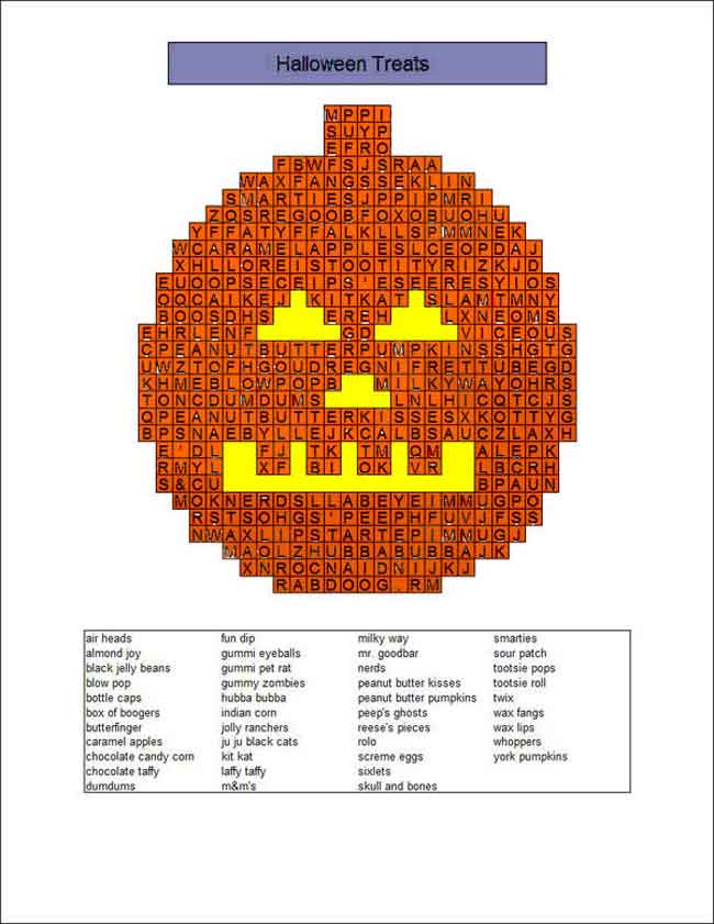 Halloween word search in the shape of a pumkin.