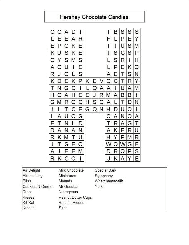 Hershey Chocolate word search puzzle.