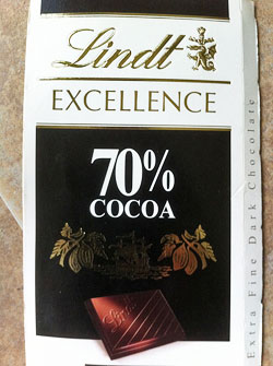 Lindt 70% Swiss dark chocolate bar.