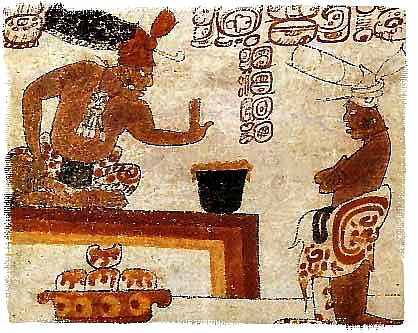 Ancient scene of two Mayan men with a pot of chocolate.  Wikimedia Commons