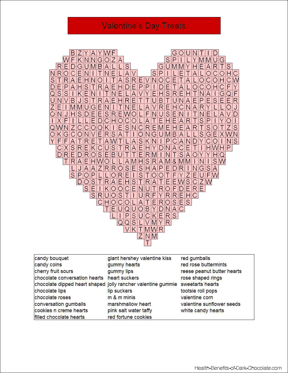 Valentine word search game of  tasty chocolate treat names.