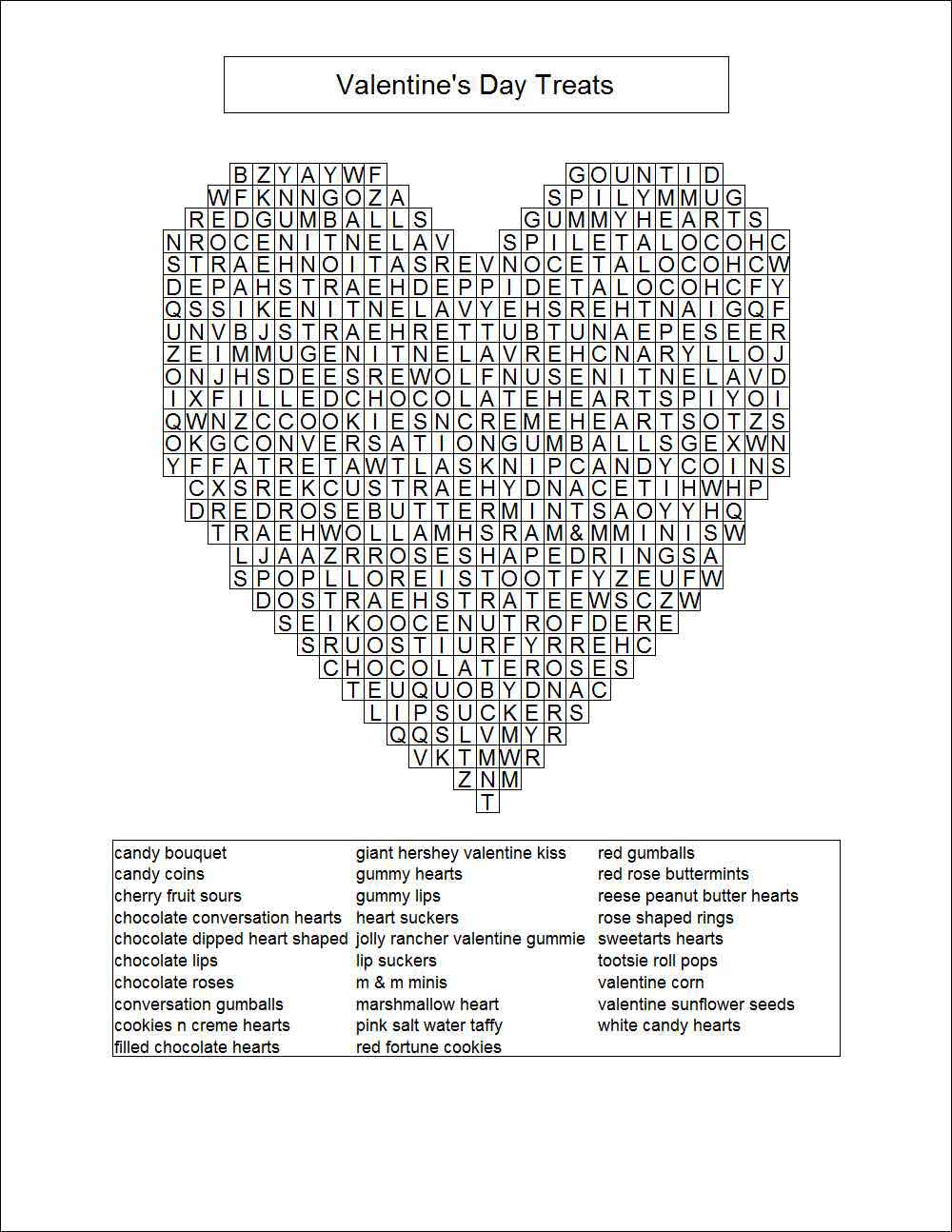 Black and white heart-shaped Valentine Word Search Puzzle.