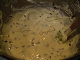 chocolate chip cheesecake batter ready for bakin