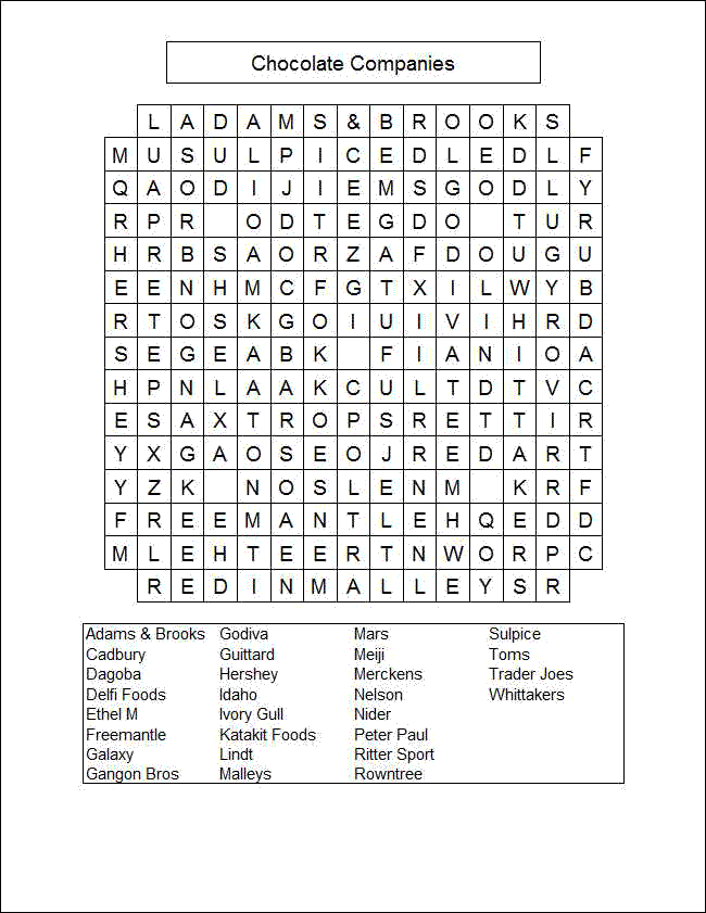 Chocolate companies word search game.