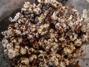Popcorn with a light coating of chocolate.