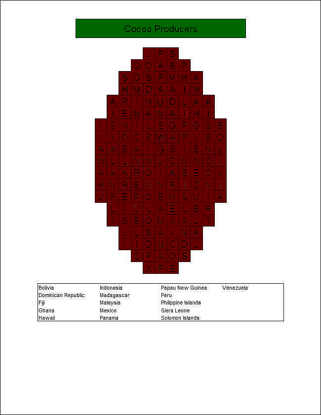 Word search puzzle of cocoa producers shaped like a cocoa bean.