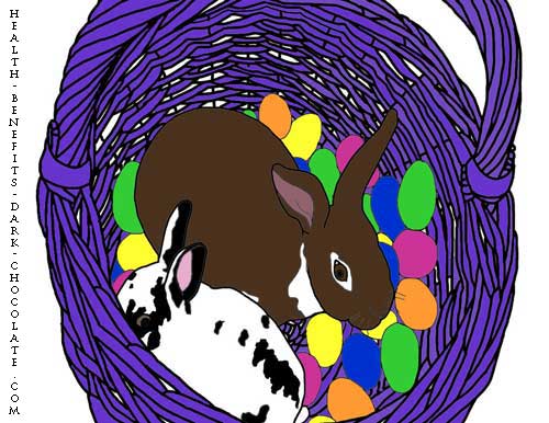 Basket with a chocolate bunny and Easter eggs.