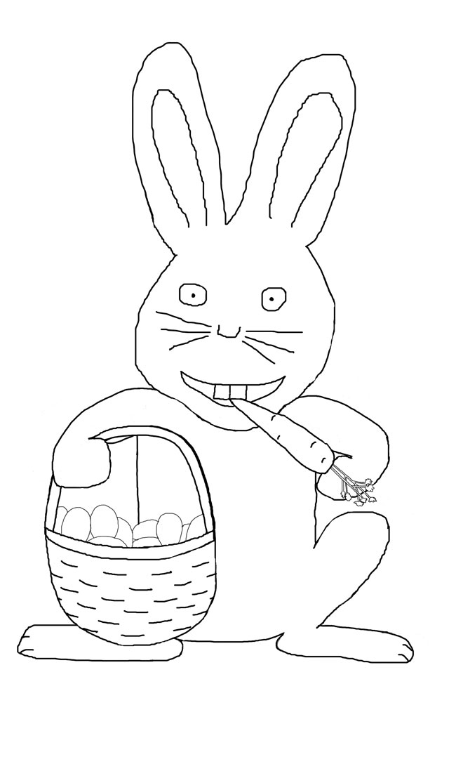 Easter bunny eating carrot and holding a basket of eggs.