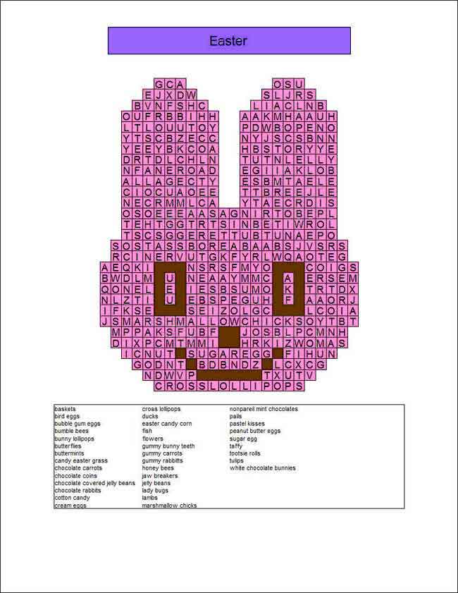 Easter word search in the shape of a bunny's head.
