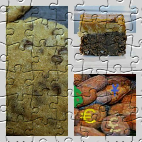 Collage of chocolate jigsaw puzzle pictures.