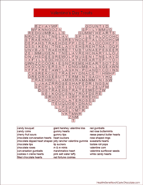 Valentine word search puzzle filled with chocolate words.